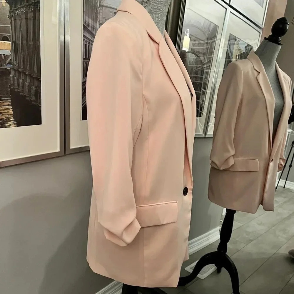 H&M Lightweight Pink Blazer Lined Quarter Ruched Sleeve Pockets, Size 8 - Picture 5 of 8